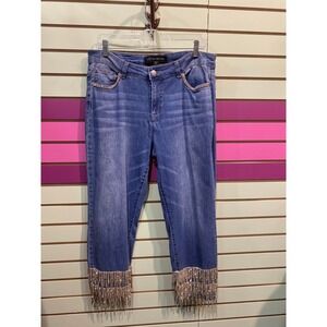 Boston Proper Embellished Denim Cropped Jeans Sparkle Fringe Size 12